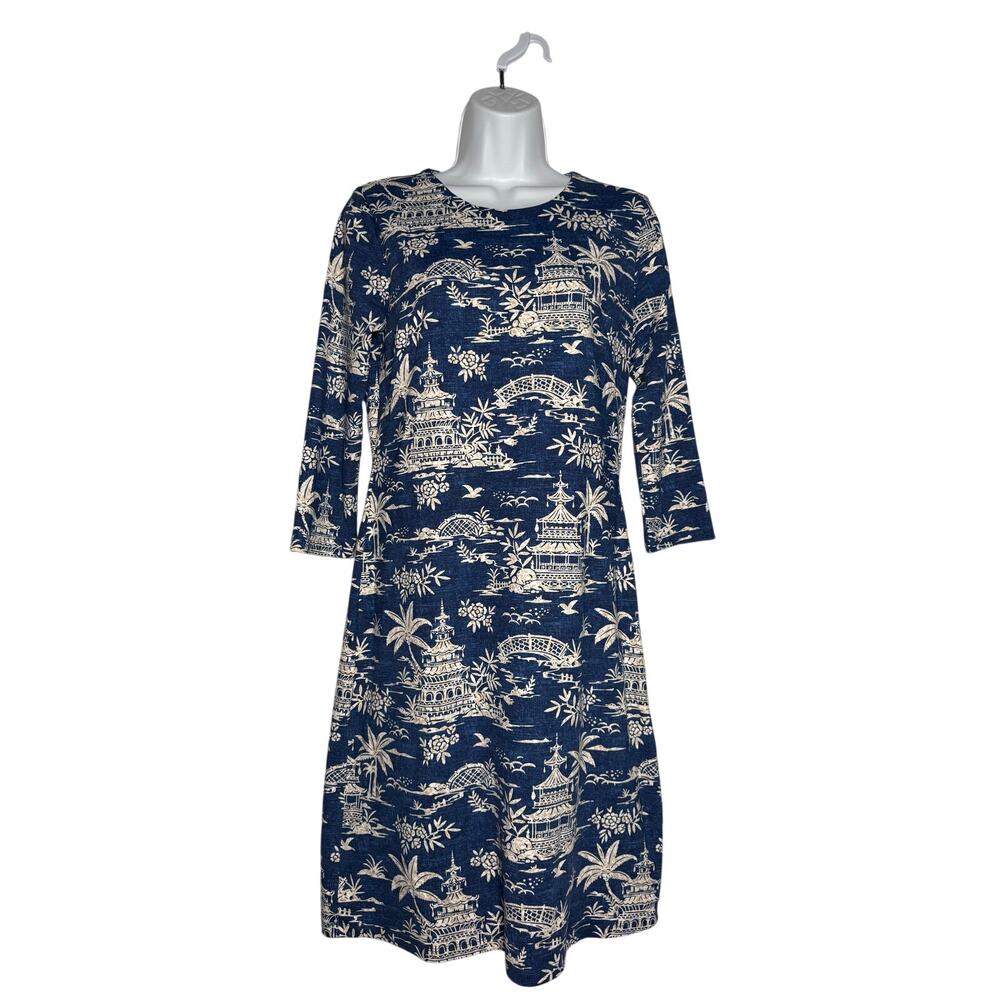 J. McLaughlin Navy White Tongsai Palms Sophia Dress Size SMALL Palm Trees